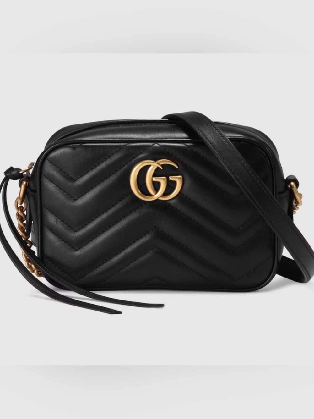Gucci Black Leather GG Marmont Quilted Crossbody Bag with Gold Hardware